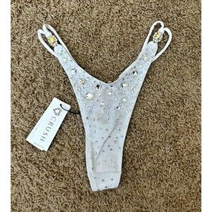 CRUSH Women's White Solid Rhinestone Thong Bikini Bottom Size M Regular